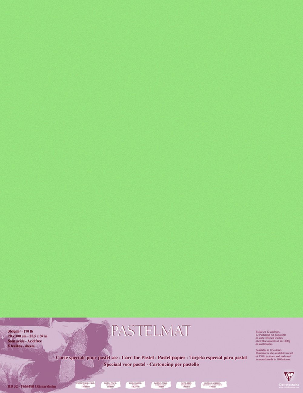 Clairefontaine PastelMat 70 x 100 cm Sheets, 360 g, Light Green, 5 Sheets