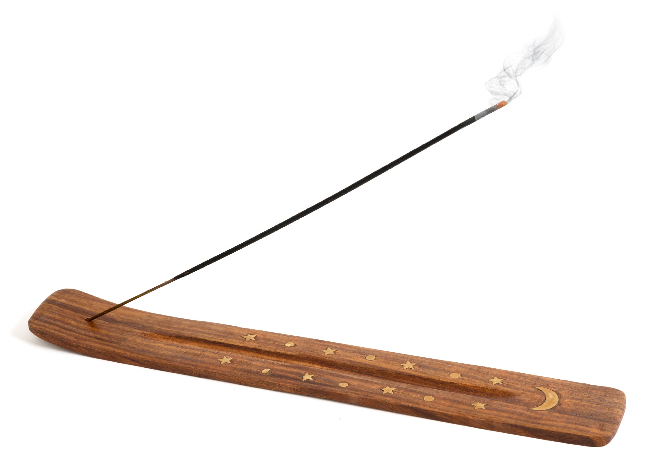 Wooden Incense Holder for Sticks with Inlays of Brass Crescent Moon 10 inches Long