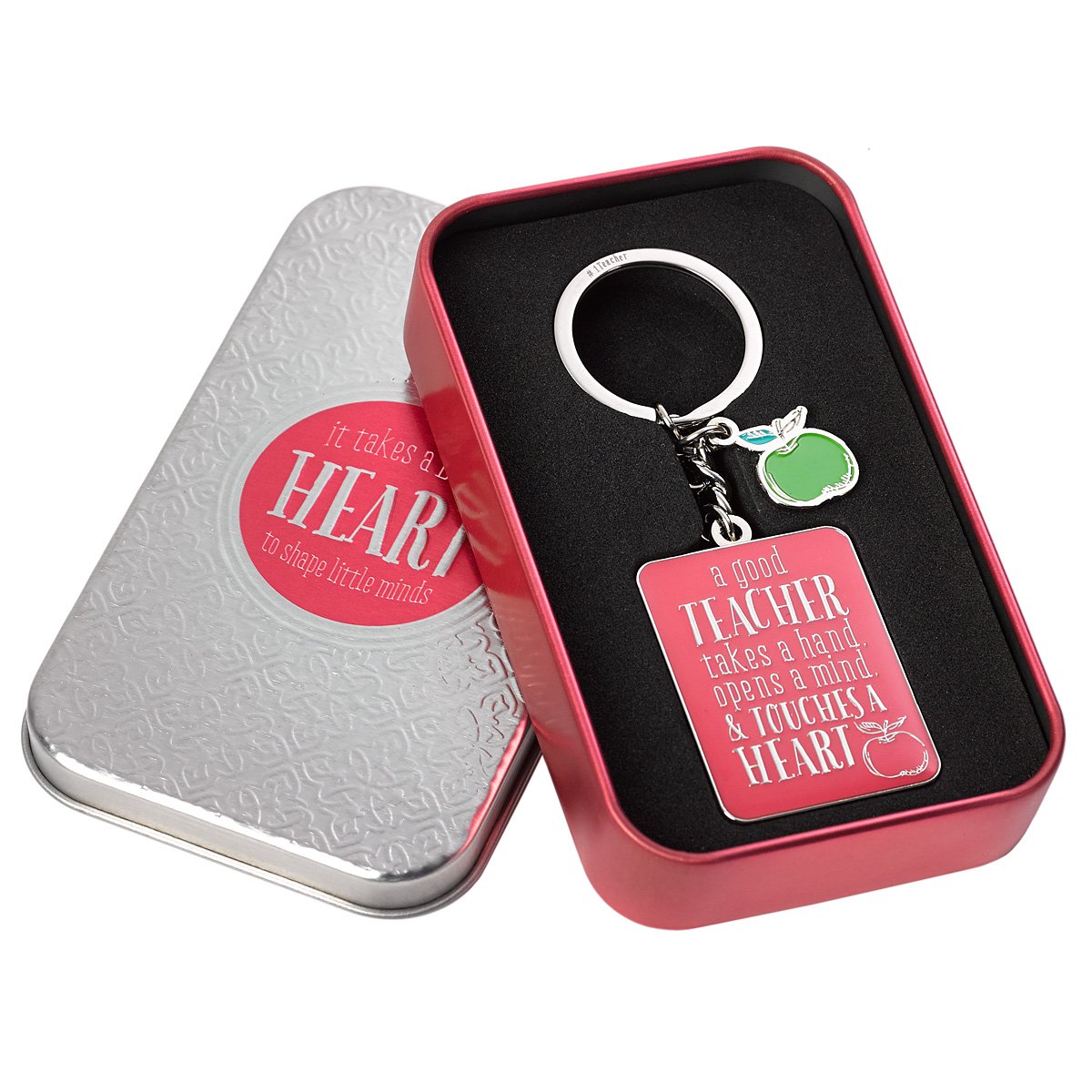 Teacher Appreciation Keychain- Hot Pink Christian Keychain w/ 1 Corinthians 16:14 Bible Verse?w/Green Apple Enameled Charm - Christian Art Teacher Appreciation Gift in Tin Box