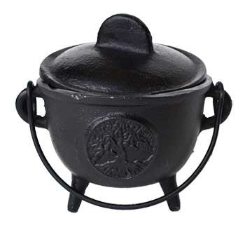 AzureGreen Home Fragrance Incense Holder Cauldrons Tree of Life Cast Iron Three Legged with Handle and Lid 5"