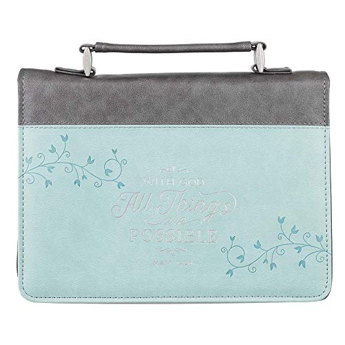 Christian Art Gifts Women's Fashion Bible Cover All Things are Possible Matthew 19:26, Turquoise/Silver Vines Faux Leather, XL