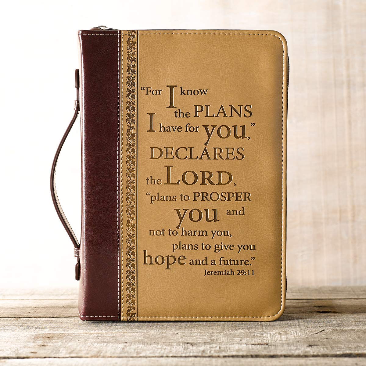 Christian Art Gifts Tan Faux Leather Bible Cover for Men and Women | I Know The Plans - Jeremiah 29:11 | Zippered Case for Bible or Book w/Handle, Medium