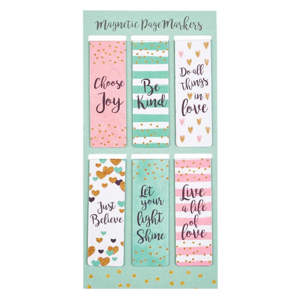 Christian Art Gifts Set of 6 Choose Joy Be Kind Just Believe Inspirational Magnetic Bookmark, Sparkle Collection, Size Small 2.25" x .75"