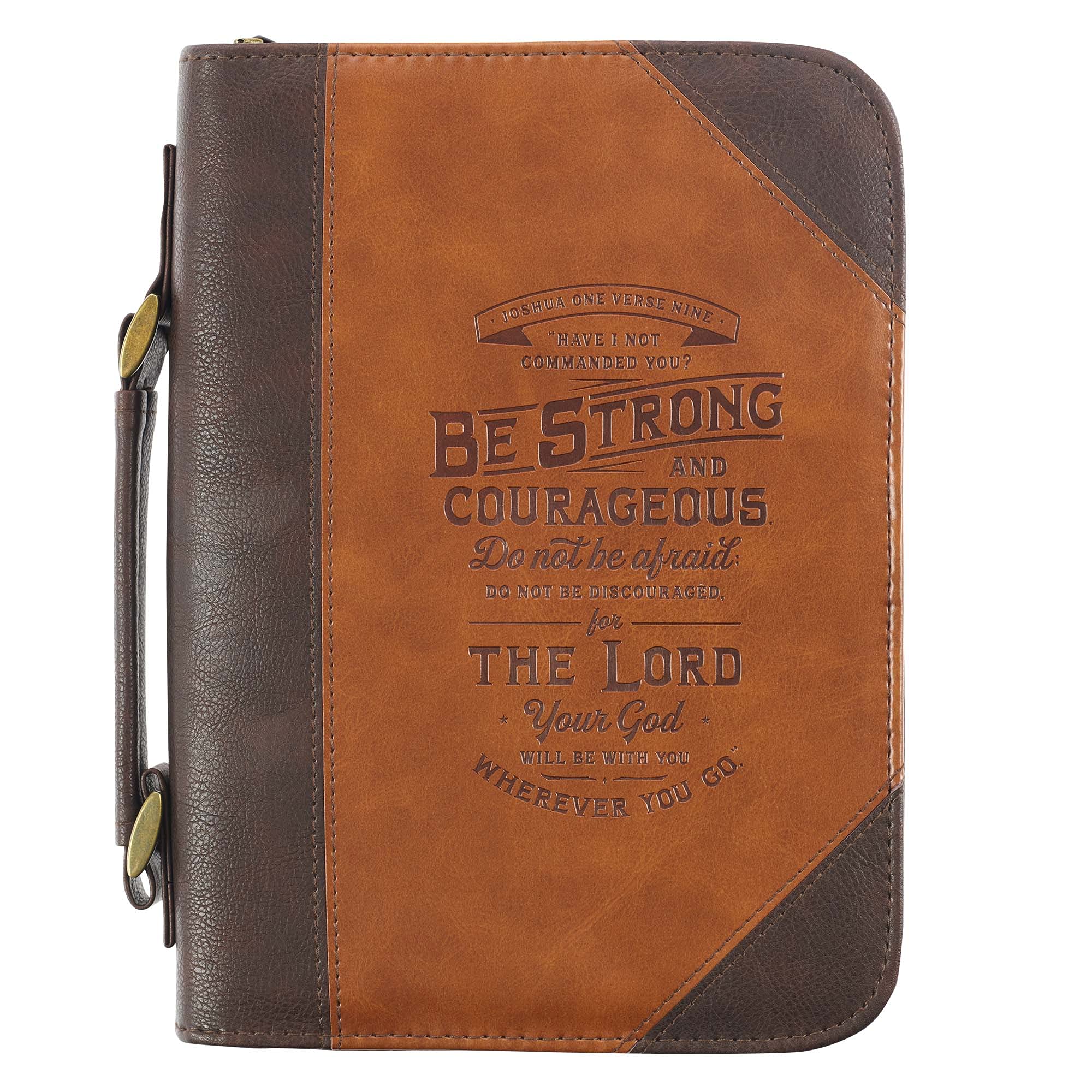 Christian Art Gifts Classic Bible Cover Be Strong and Courageous Joshua 1:9 Faux Leather, Saddle Tan/Brown, Large