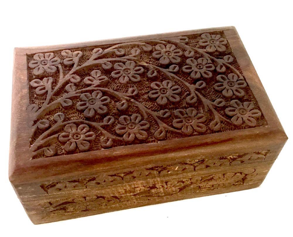 Floral Carved Handmade Wooden Jewelry Box 4 x 6 inches