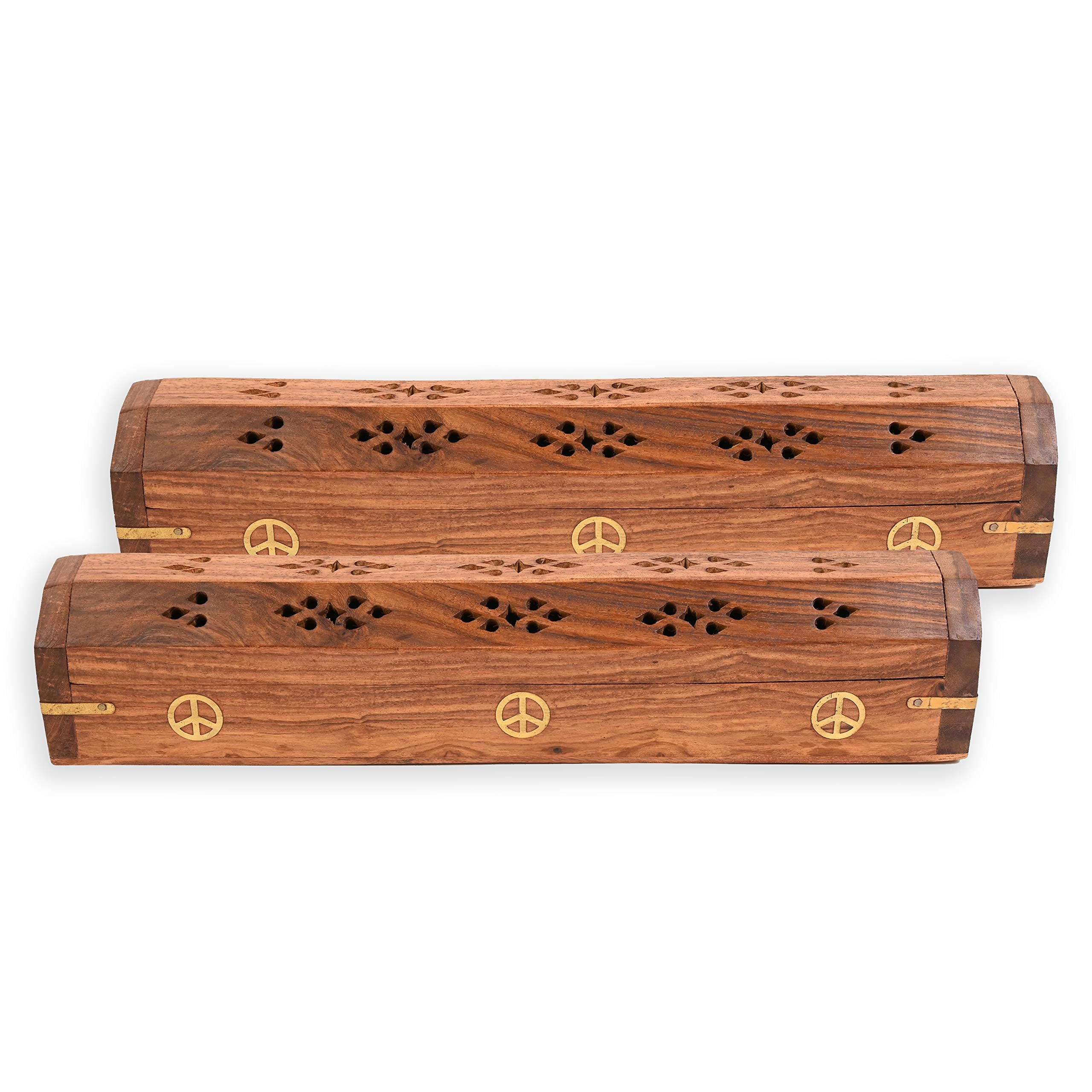 2 Pack - Incense Stick Holder - Coffin Style - Wood Incense Stick Burner with Elephant Inlays (Natural) Handmade with Brass Inlays (Peace)