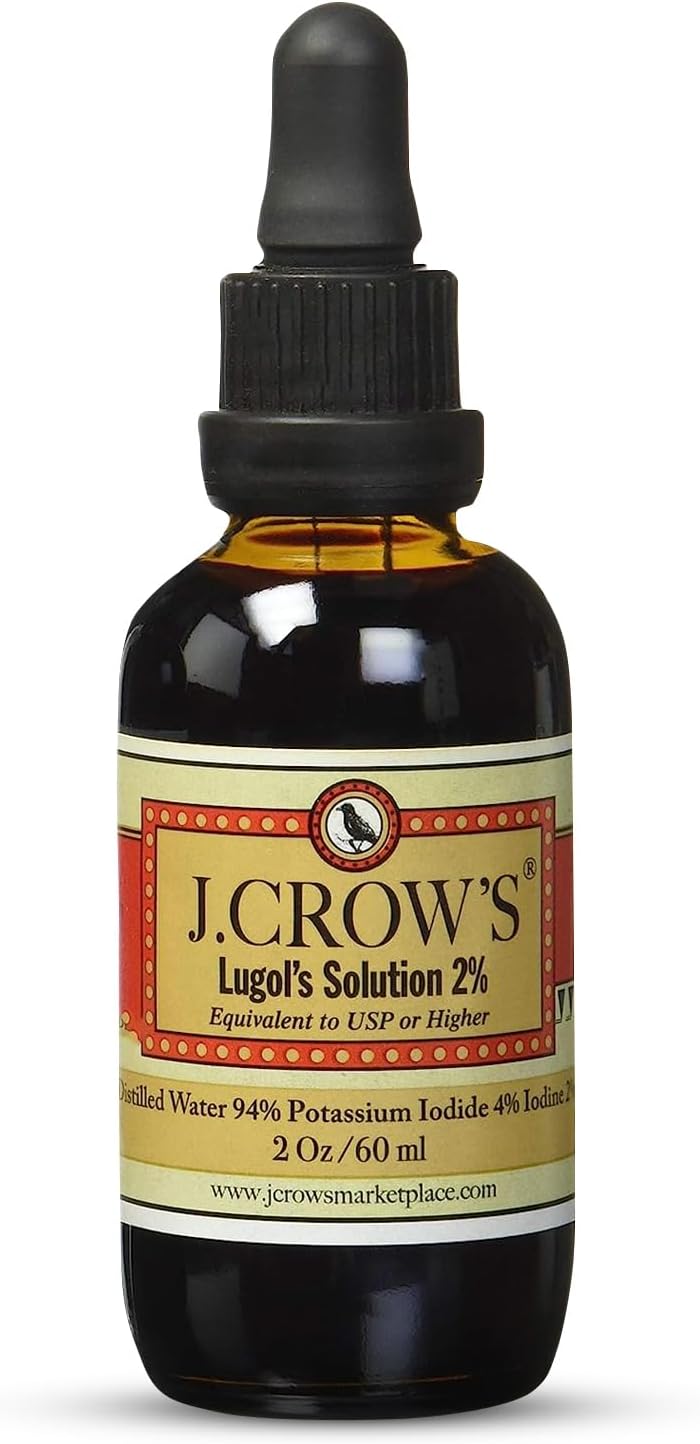 J.CROW'S Lugol's Solution Iodine 2 Percent, High Potency Drops for Thyroid Support and Energy, 2 fl oz