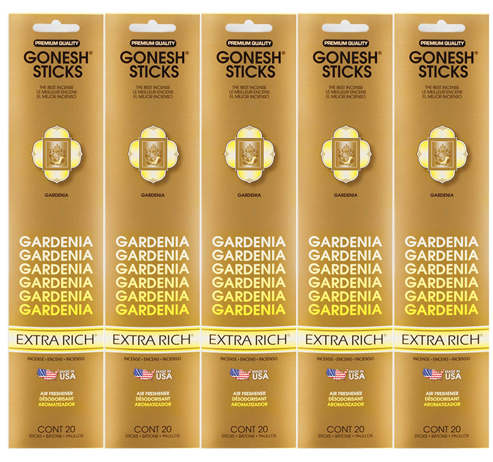 Gonesh Incense Sticks Extra Rich Collection - Gardenia 5 Packs (100 Total)