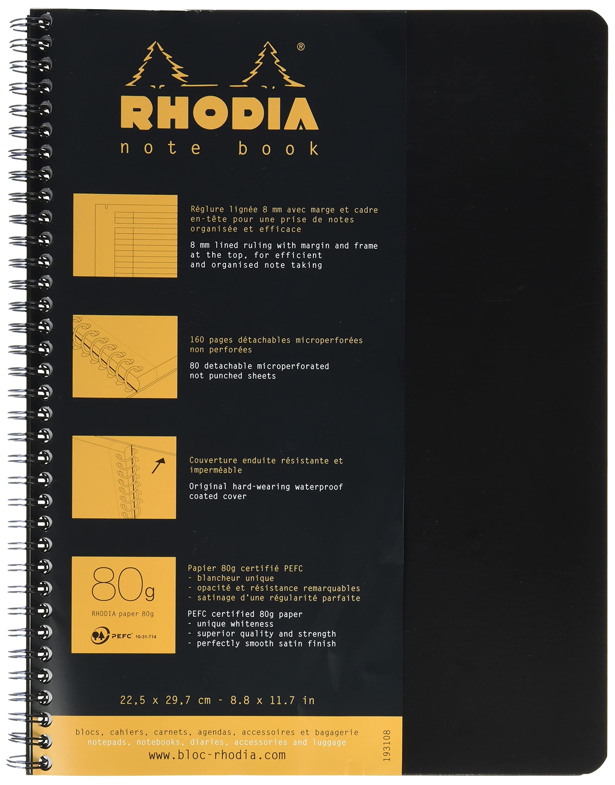 Cahier à spirale Rhodia avec 80 feuilles - A4+ (9 x 11,75 pouces) - Ligné, Noir