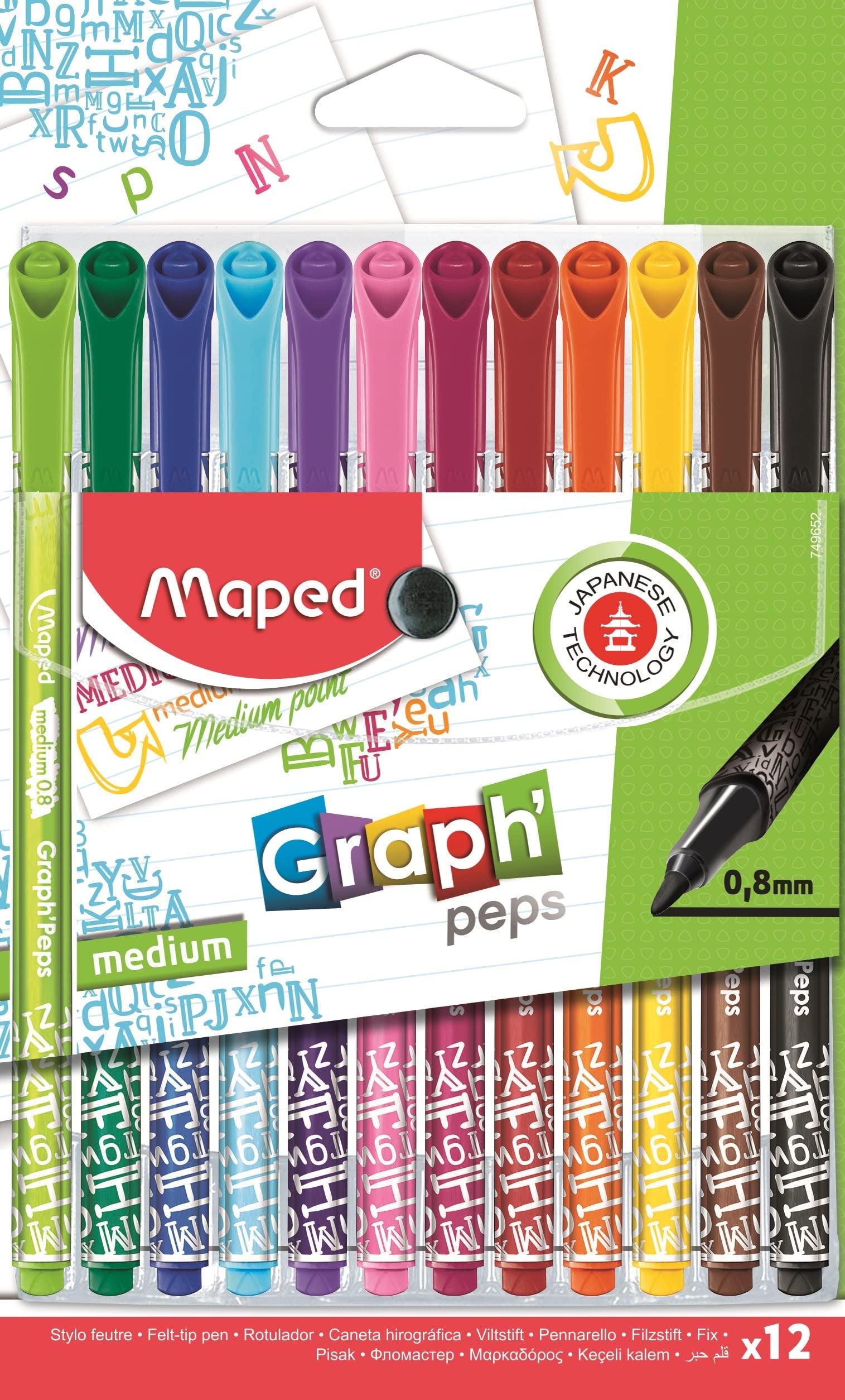 Maped - Graph'Peps Medium Tipped 0.8mm Fine Line Triangular Felt Pens - 12 Pack - Vibrant Colors