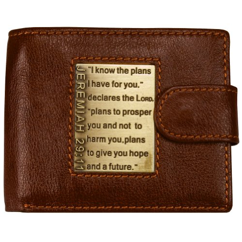 Brown Genuine Leather Wallet w/Brass Inlay - Jeremiah 29:11