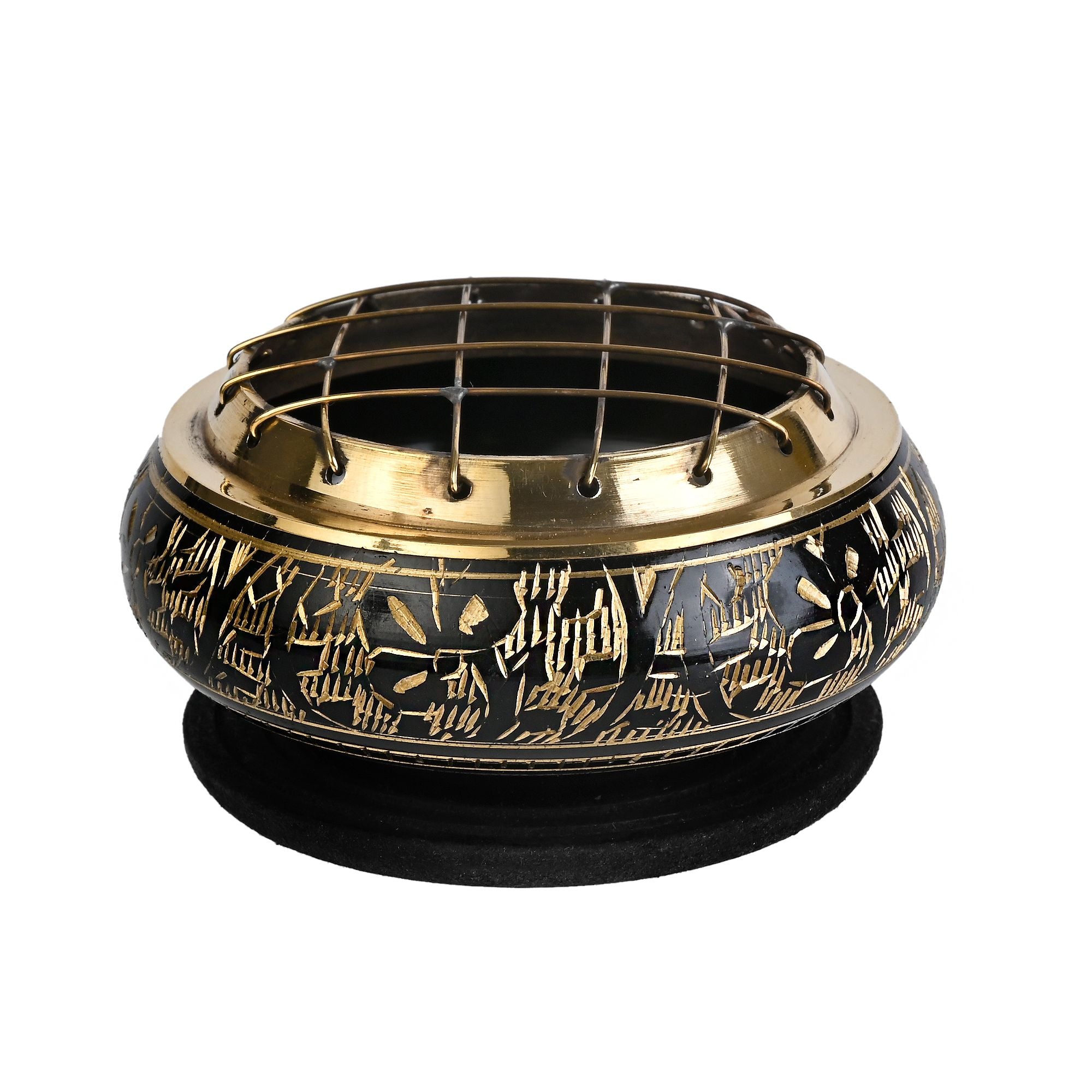 Decorated Brass Black Charcoal Screen Incense Burner - 2.75" Tall - Coaster Included