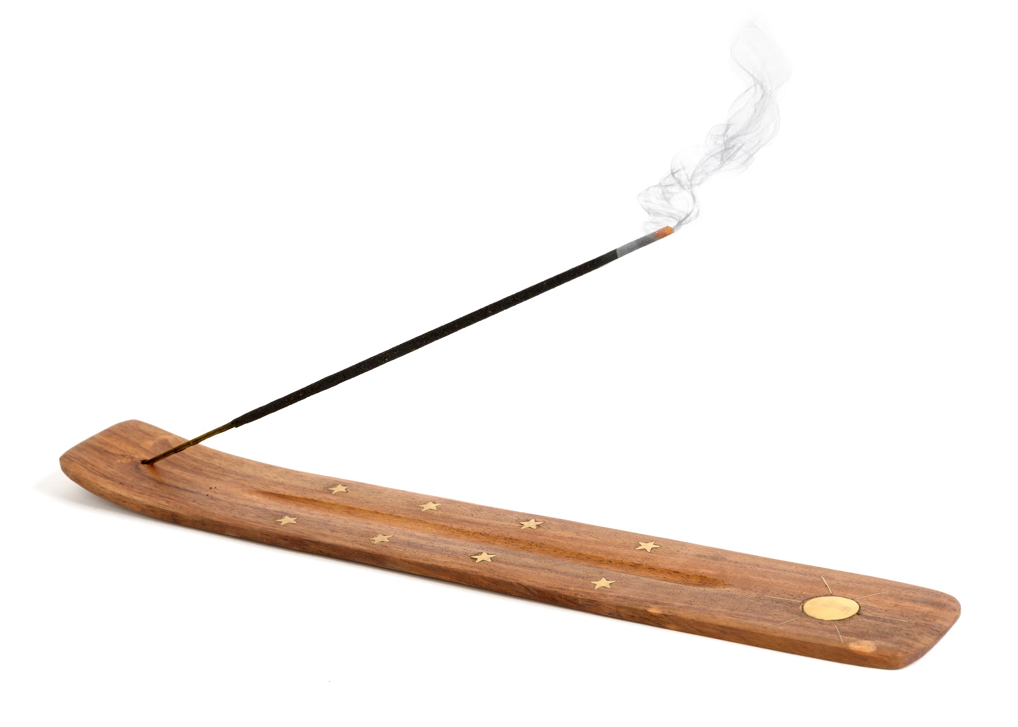 Wooden Incense Holder for Sticks with Inlays of Brass SUN 10 inches Long