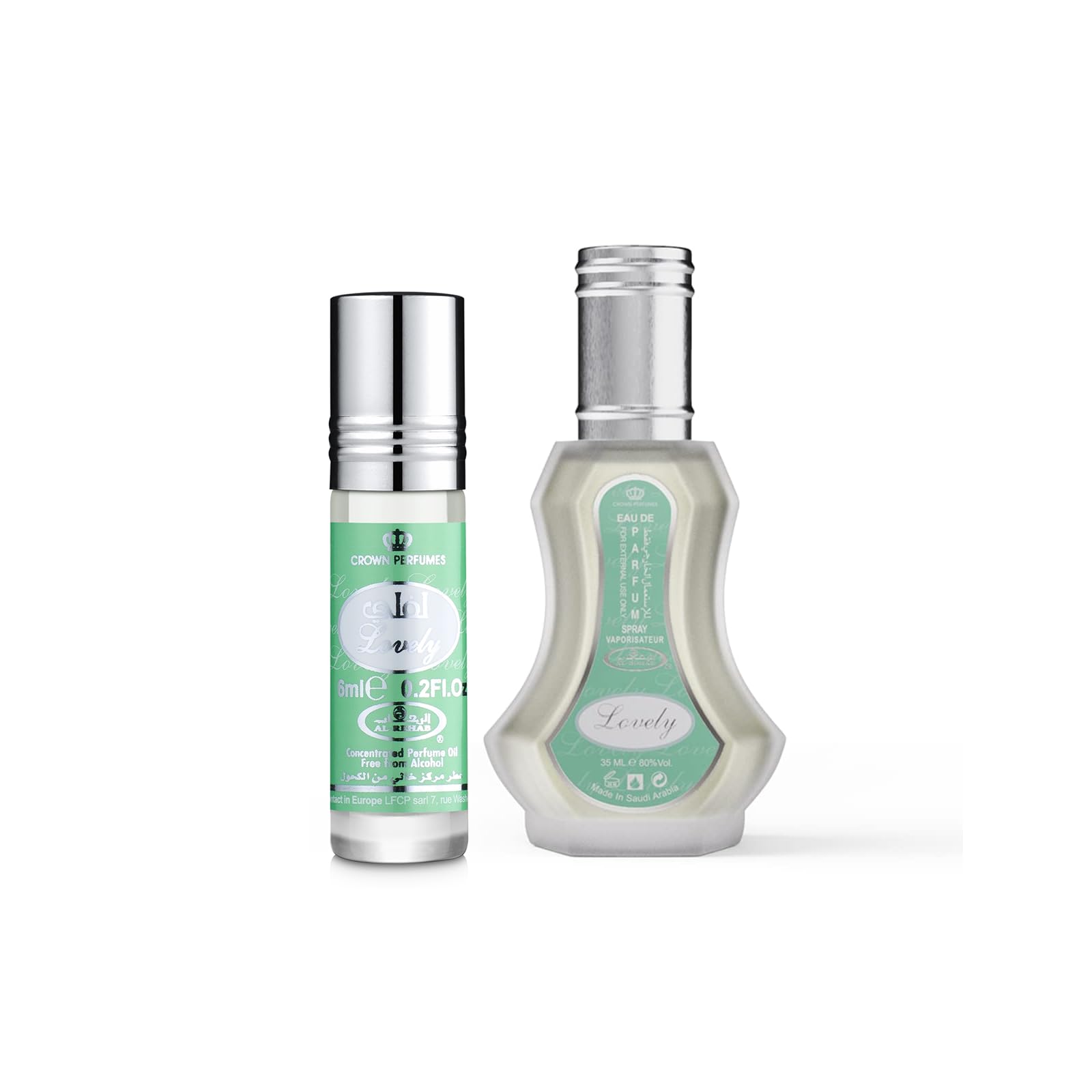 Coffret 2 pièces Al Rehab Lovely pour unisexe (spray EDP de 1,18 oz + parfum concentré à bille de 0,20 oz)