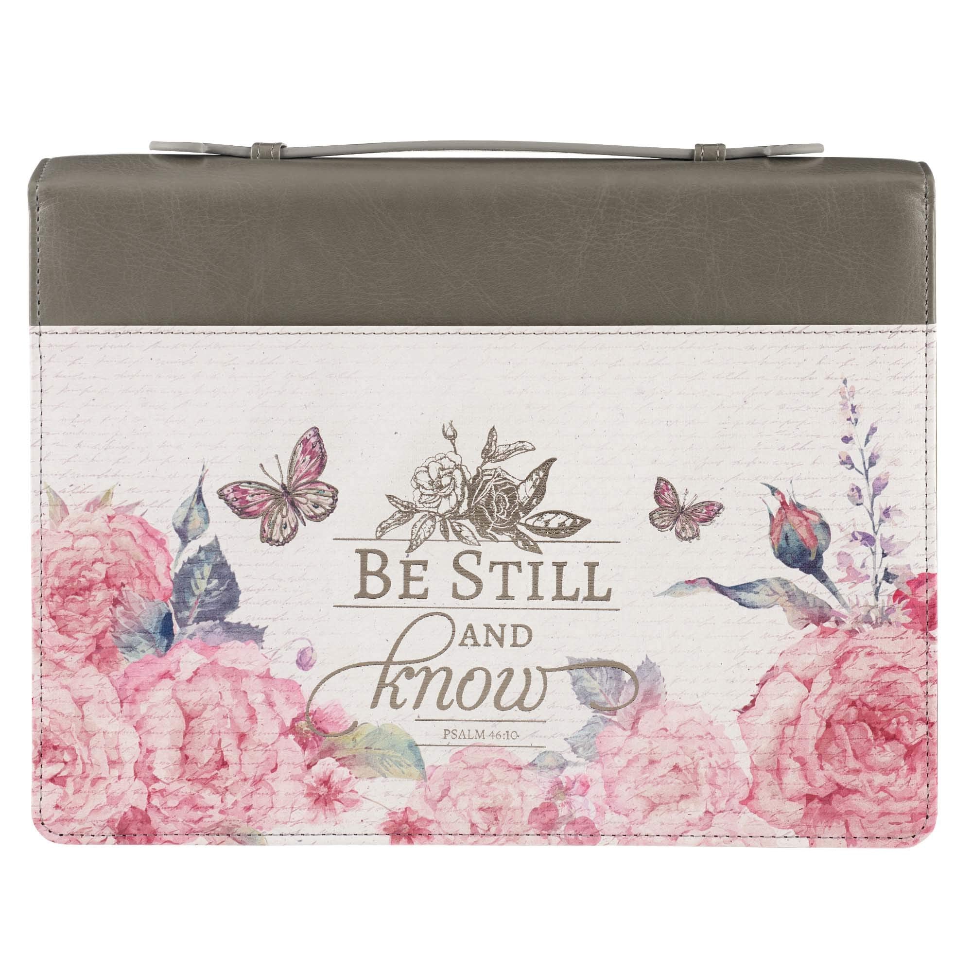 Christian Art Gifts Women's Fashion Bible Cover Be Still and Know Psalm 46:10, Pink Rose Butterfly Faux Leather, Medium