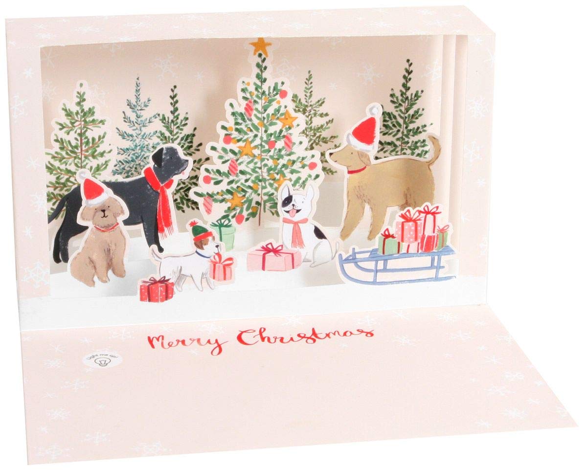 Tarjeta de Navidad con luces LED y caja de sombras de Up With Paper: perros que decoran árboles