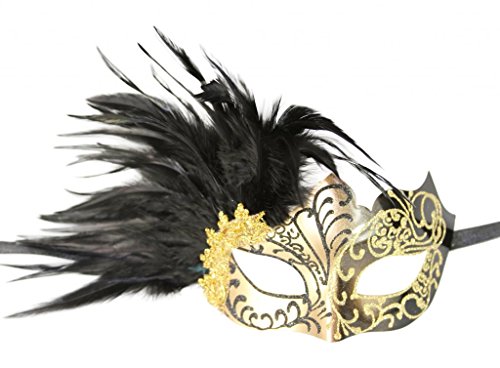 KAYSO INC Venetian Masquerade Mask with Feathers Gold & Black