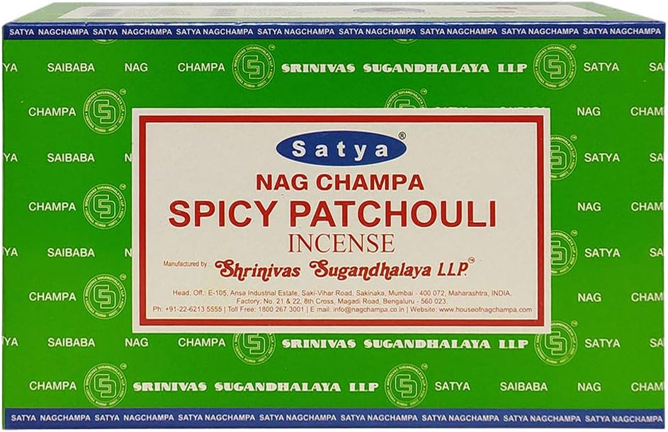 SATYA Nag Champa Spicy Patchouli Agarbatti | Handrolled Masala Incense Sticks | 12 Packs of 15 Grams Each in a Box