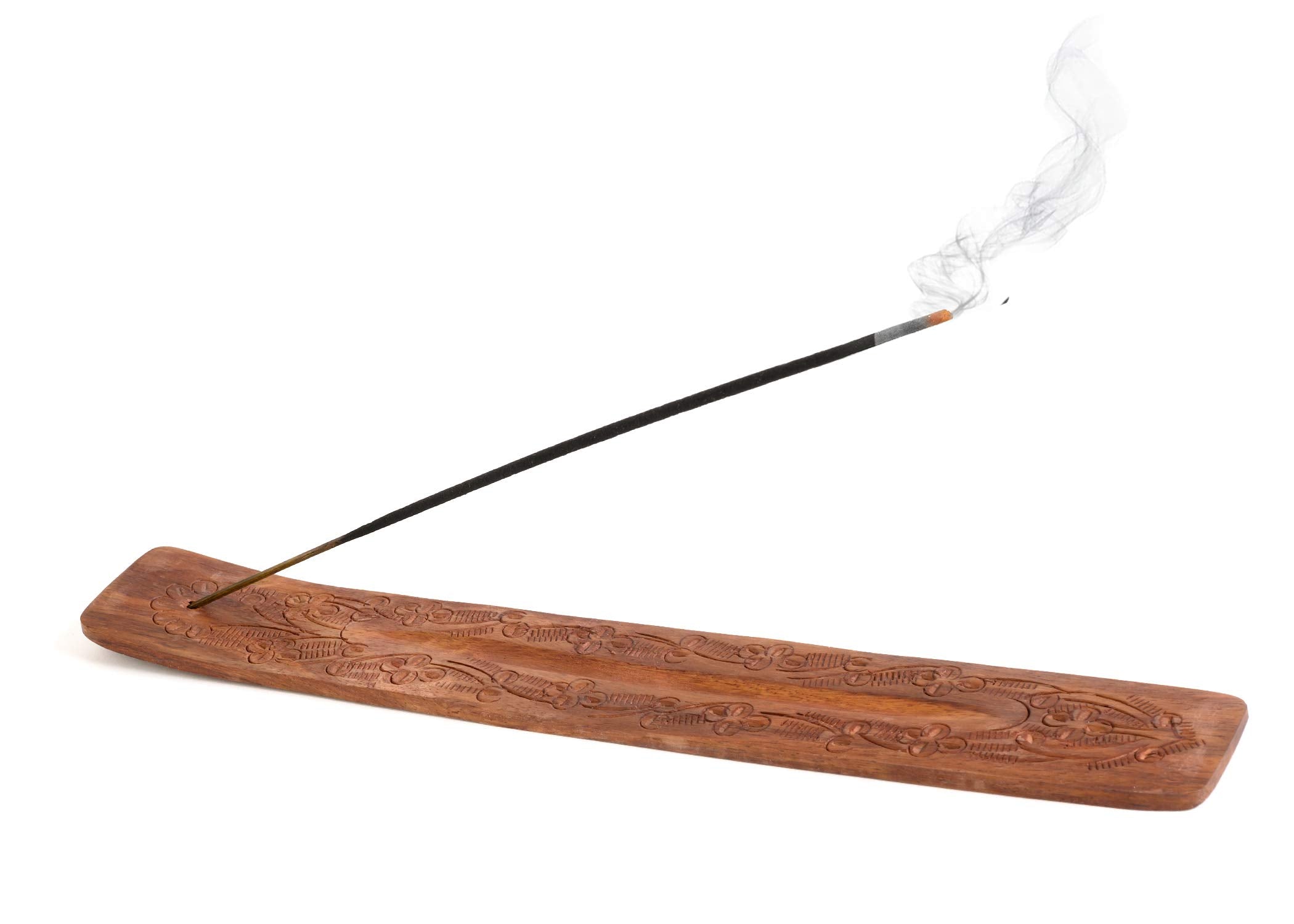 Wood Incense Holder - Carved Wooden Ash Catcher - Hand Stained - 10 inches Long (Brown)